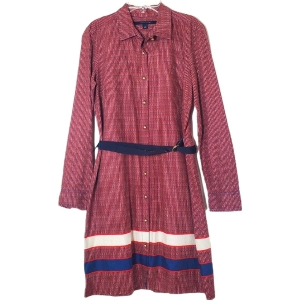 Tommy Hilfiger Womens Colorblock Hem Belted Cotton Shirtdress Redโ Blue S